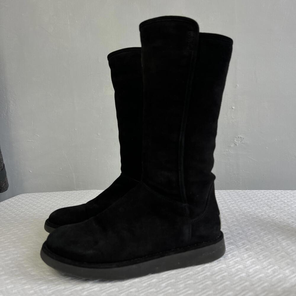 UGG Womens Leather Black Suede Tall Zip Boots Size 7 Shearling Lined Winter
